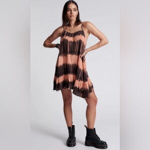 One Teaspoon Hand Dyed Acid Trip Icon Tie-Shoulder Strap Raw Hemline Mini Dress
